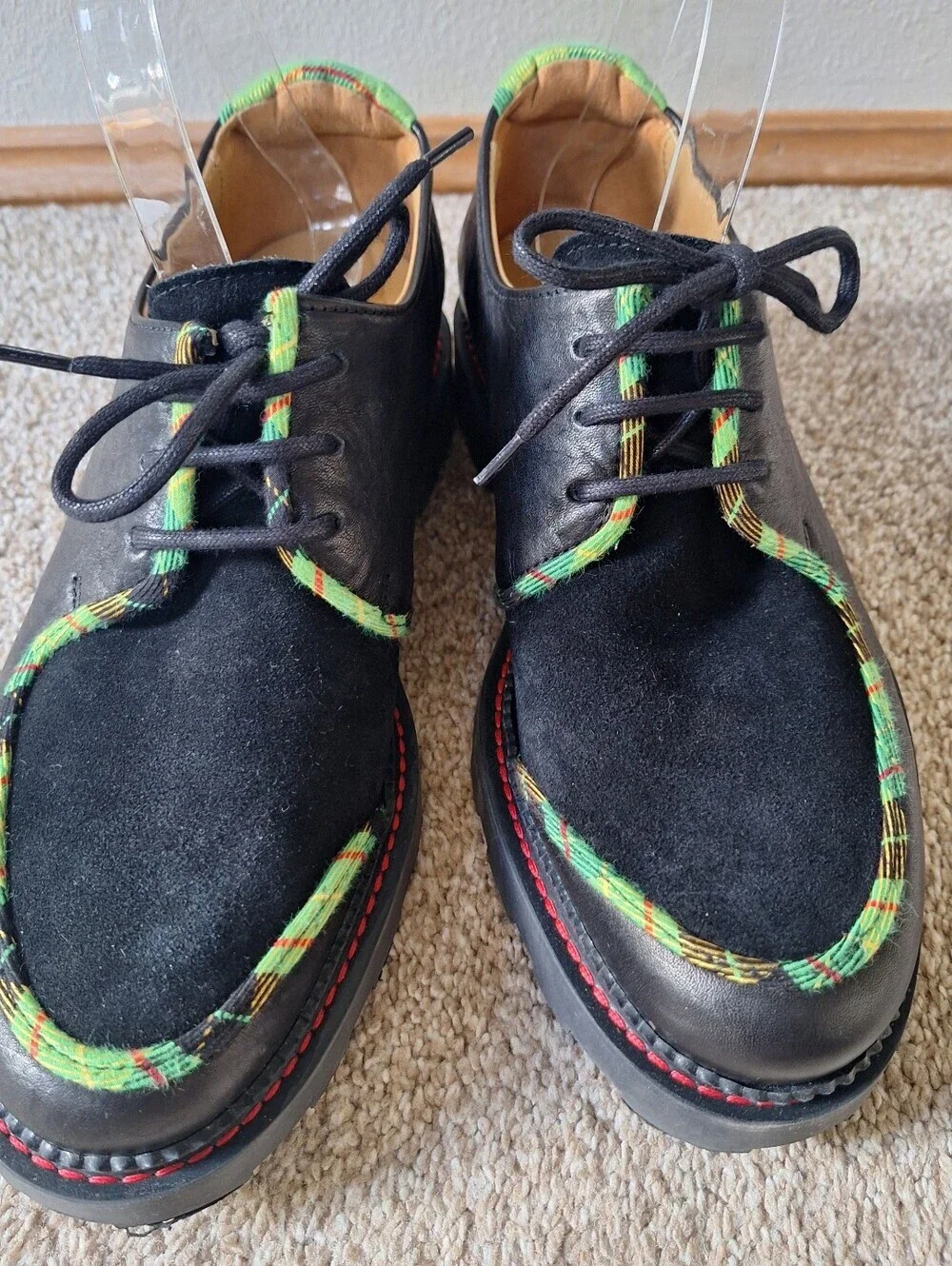 JOHN FLUEVOG Angel Maevey Black Leather Suede Green Piping Lace Up M 7.5 W 9.5